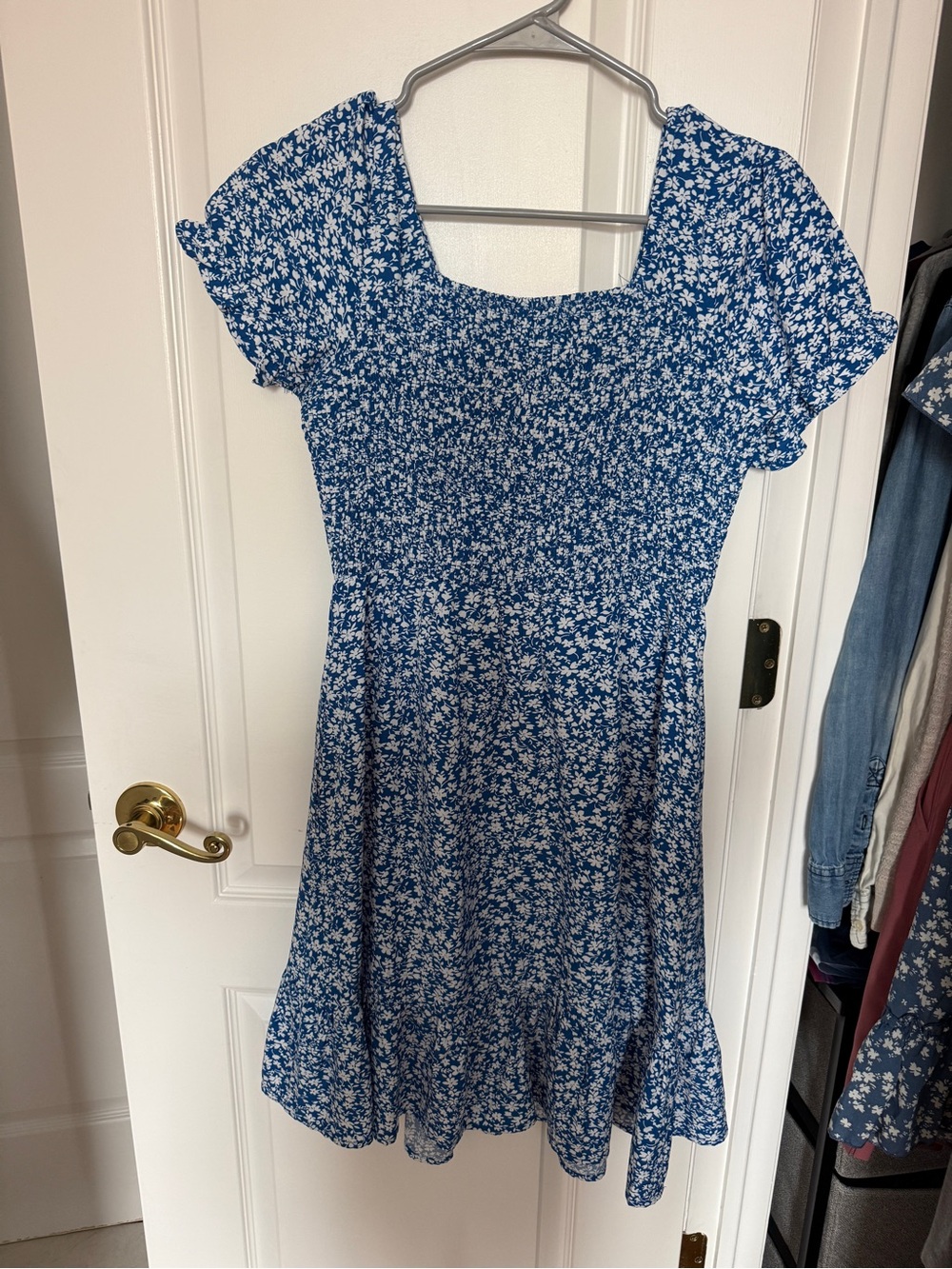 Amazon Blue Floral Smocked Square-Neck Dress